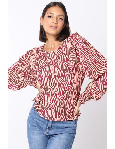 BLUSA DE RAYAS CEBRA CON CUELLO REDONDO Y VOLANTE BURDEOS