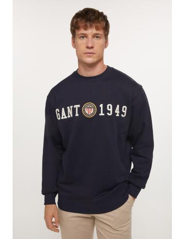 Elegante sudadera GANT azul marino cuello redondo con logo bordado | Manzanos Moda