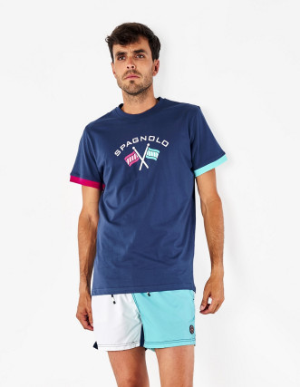 Camiseta Spagnolo Hombre Azul con Banderas - Estilo Único