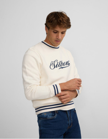 Sudadera Silbon Retro Lettering Crema - 100% Algodón con Detalles Azul Marino