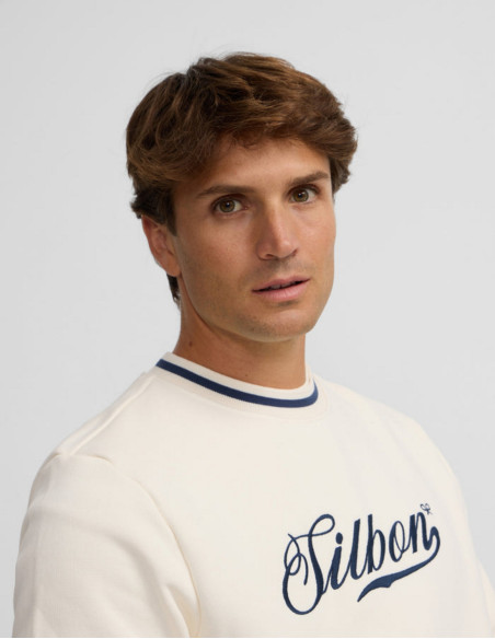 Sudadera Silbon Retro Lettering Crema - 100% Algodón con Detalles Azul Marino