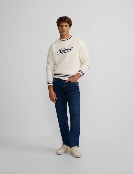 Sudadera Silbon Retro Lettering Crema - 100% Algodón con Detalles Azul Marino