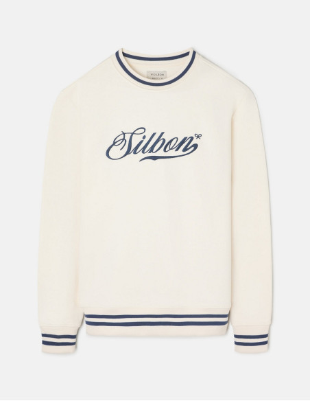 Sudadera Silbon Retro Lettering Crema - 100% Algodón con Detalles Azul Marino