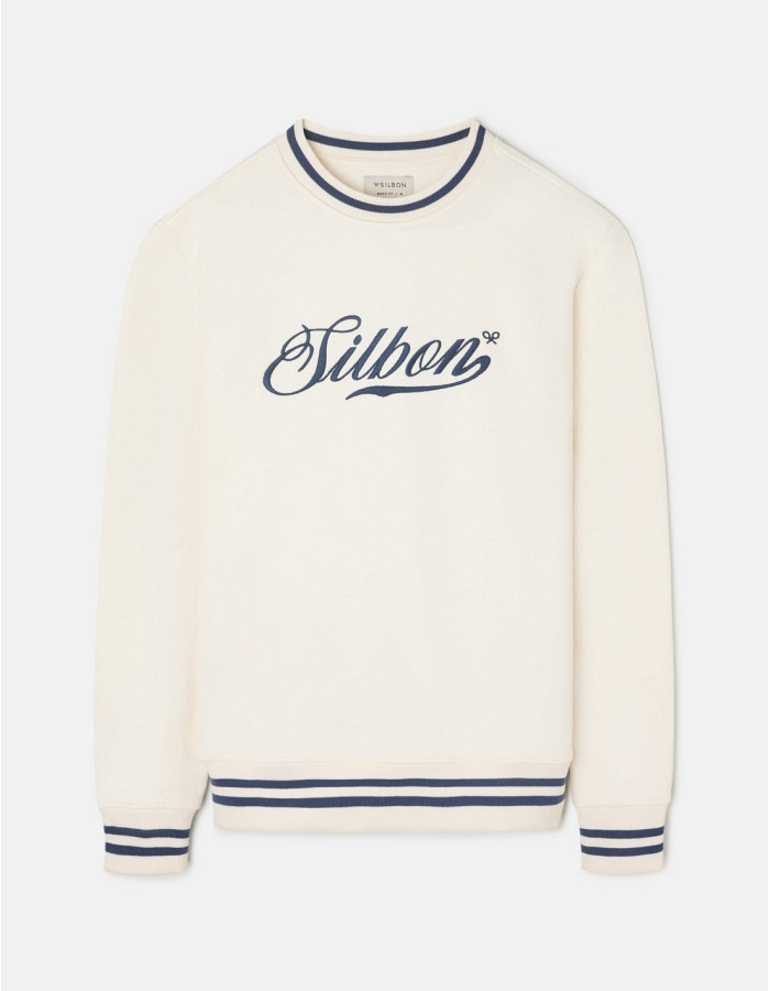 Sudadera Silbon Retro Lettering Crema - 100% Algodón con Detalles Azul Marino