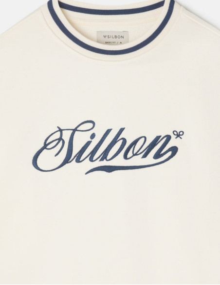 Sudadera Silbon Retro Lettering Crema - 100% Algodón con Detalles Azul Marino