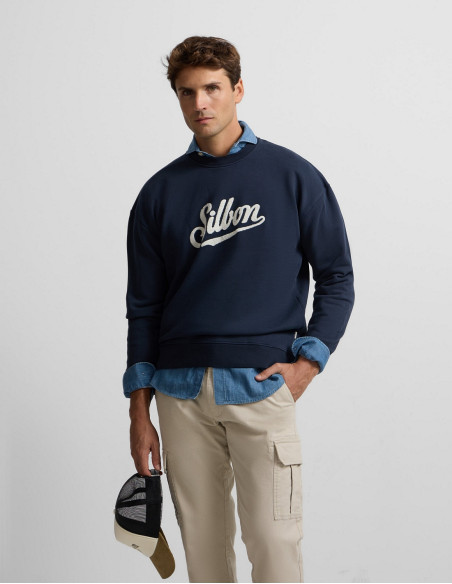 Sudadera Silbon Relaxed Fit Azul Marino - Algodón 100% Bordado Blanco Hombre
