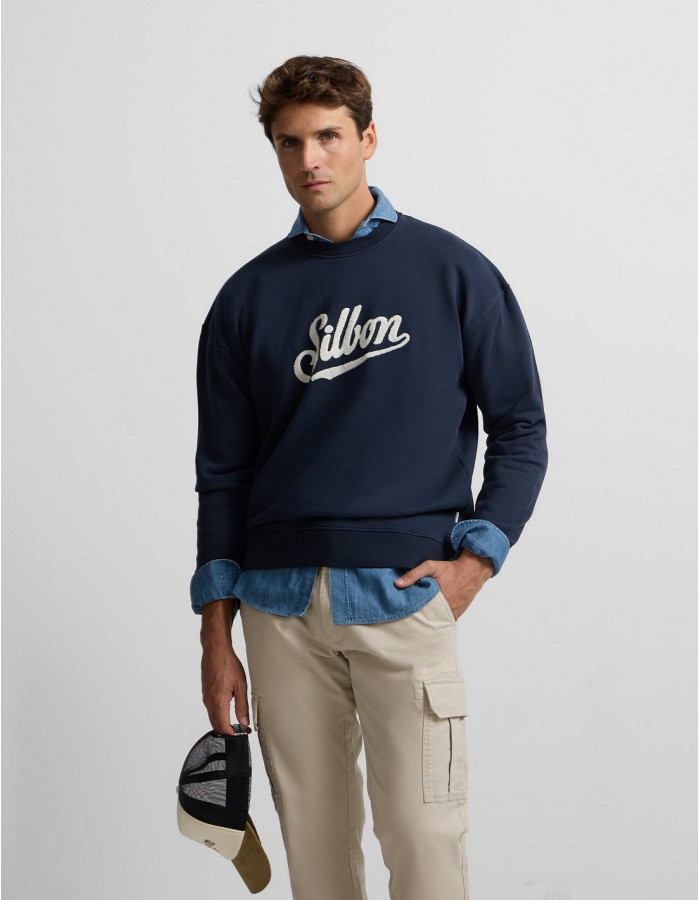 Sudadera Silbon Relaxed Fit Azul Marino - Algodón 100% Bordado Blanco Hombre