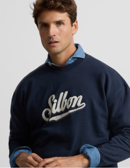 Sudadera Silbon Relaxed Fit Azul Marino - Algodón 100% Bordado Blanco Hombre