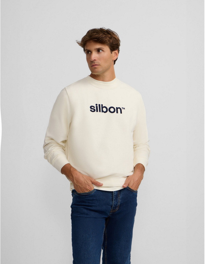 Sudadera Silbon Flock Crema 100% Algodón - Cuello Redondo Manga Larga Mujer