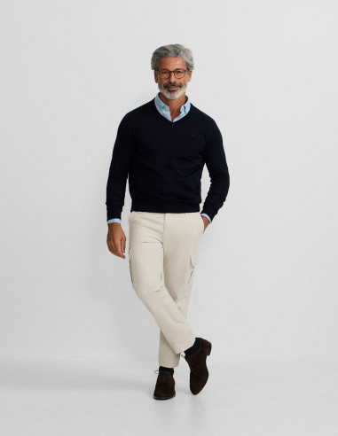 Jersey Hombre Cuello Pico Azul Marino Silbon - Algodón Cashmere Bordad