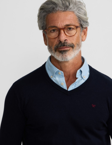 Jersey Hombre Cuello Pico Azul Marino Silbon - Algodón Cashmere Bordad