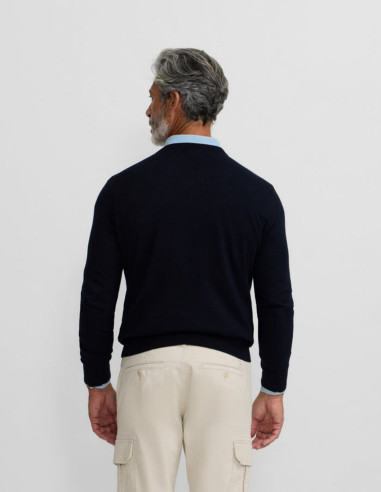 Jersey Hombre Cuello Pico Azul Marino Silbon - Algodón Cashmere Bordad