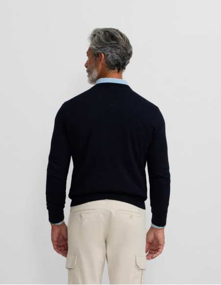 Jersey Hombre Cuello Pico Azul Marino Silbon - Algodón Cashmere Bordad