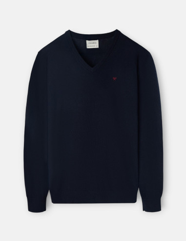 Jersey Hombre Cuello Pico Azul Marino Silbon - Algodón Cashmere Bordad