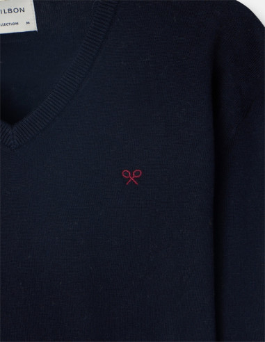 Jersey Hombre Cuello Pico Azul Marino Silbon - Algodón Cashmere Bordad