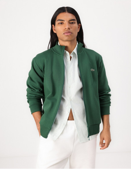 Sudadera Lacoste Hombre Cremallera Cuello Alto Verde Botella - Algodón Orgánico