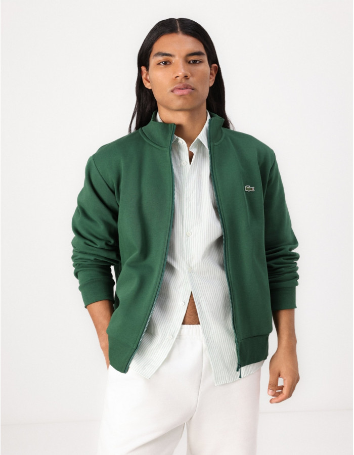 Sudadera Lacoste Hombre Cremallera Cuello Alto Verde Botella - Algodón Orgánico