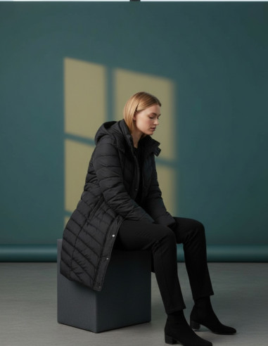 Parka Mujer Larga Acolchada Negra Capucha | Manzanos Moda