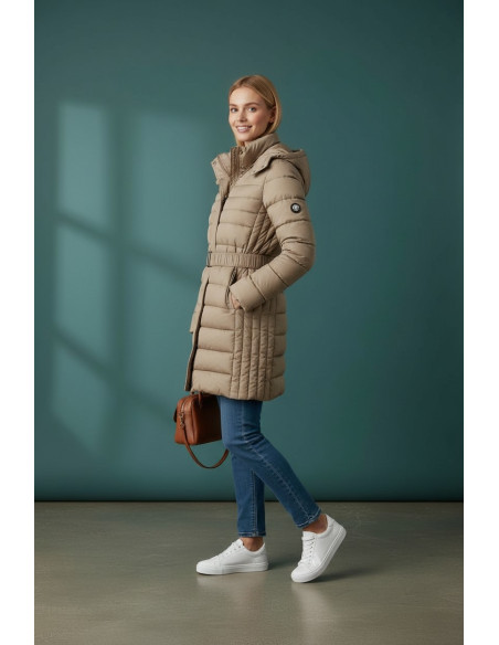 Larga Parka de Mujer Beig con Cinturón - Estilo y Comodidad