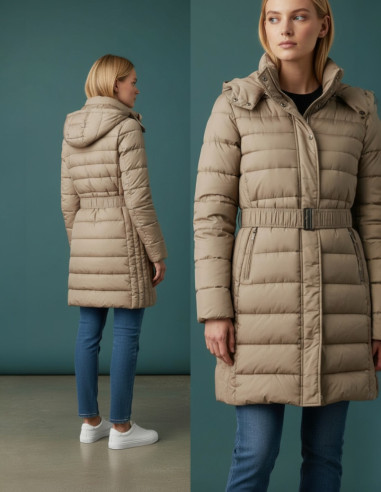 Parka Mujer Larga Acolchada Beige con | Manzanos Moda