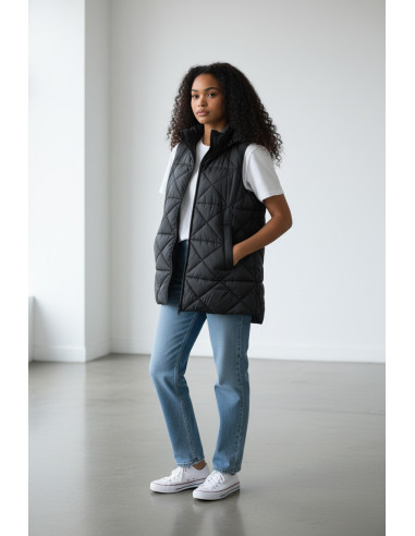 Chaleco Acolchado Mujer Largo Negro con | Manzanos Moda
