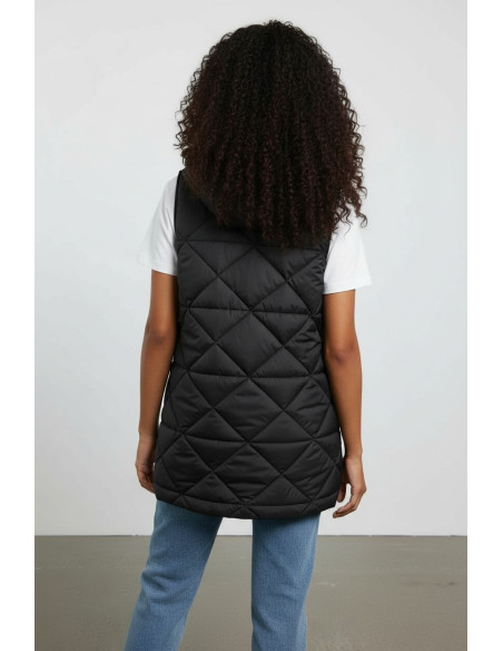 Chaleco largo acolchado negro con capucha desmontable para mujer