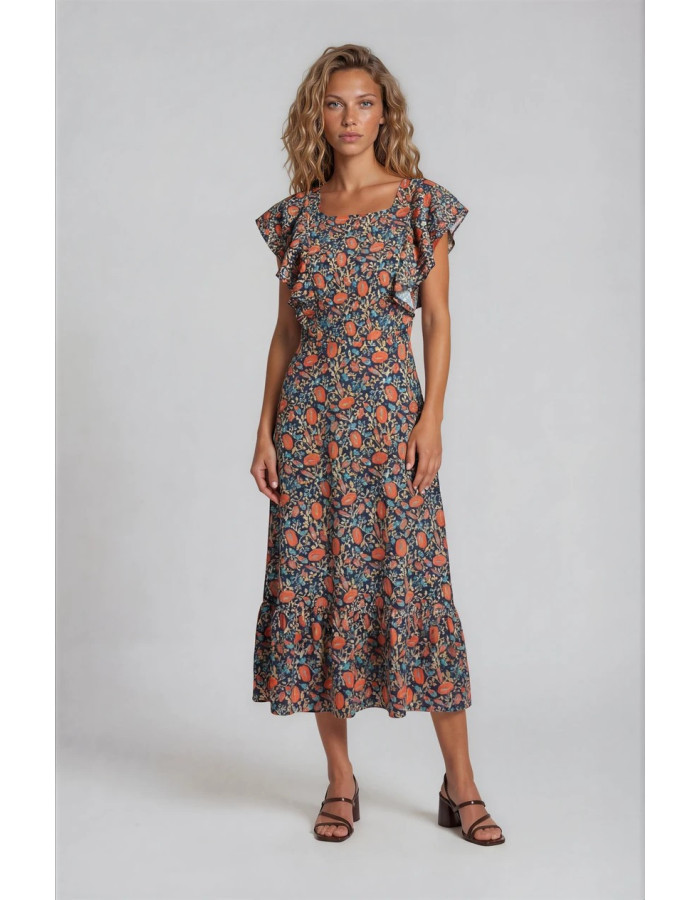 VESTIDO TABITA ESTAMPADO FLORES Y VOLANTES AZUL MARINO