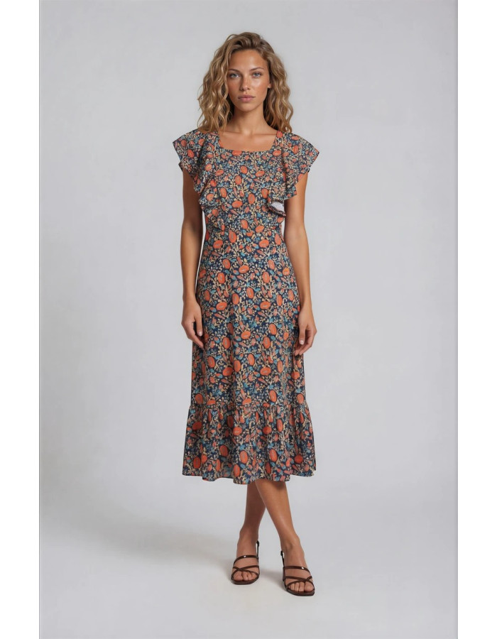 Vestido Tabita Flores Volantes Azul Marino Mujer | Manzanos Moda