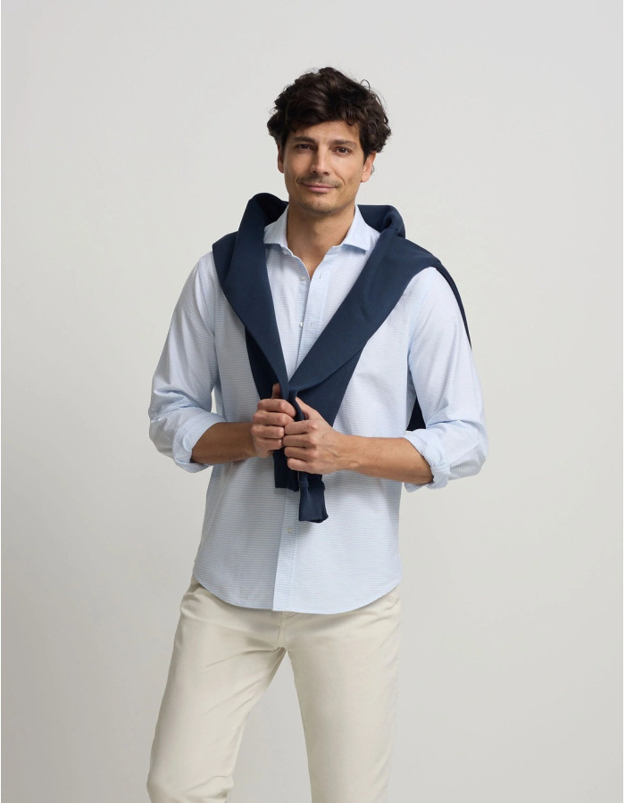 Camisa Silbon Rayas Horizontales Celeste Hombre | Manzanos Moda