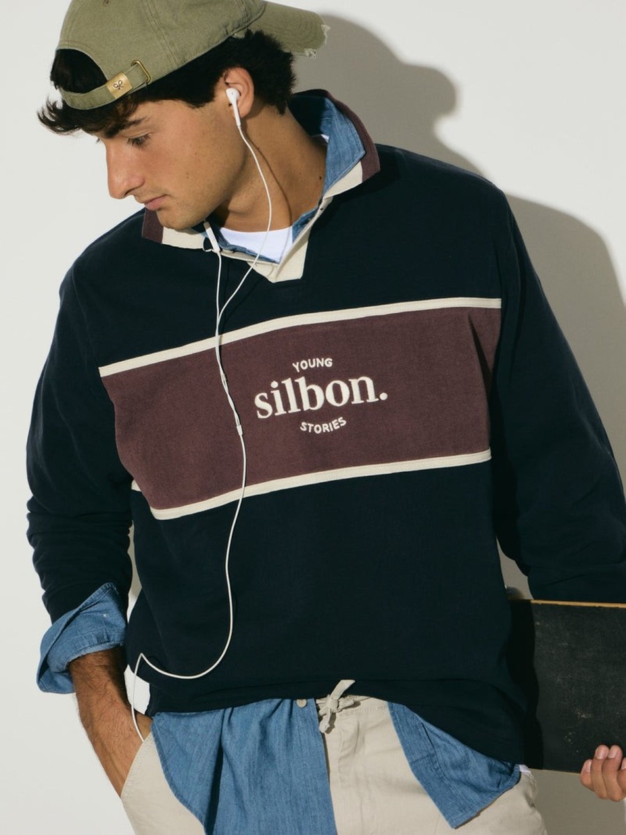Sudadera Silbon 100% Algodón Azul Marino con Cuello Polo