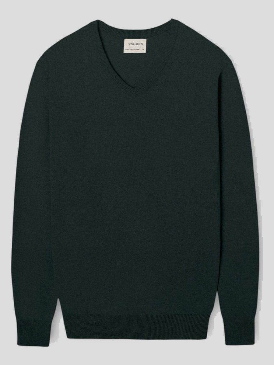 Jersey Silbon Verde de Cuello Pico en Algodón y Cashmere
