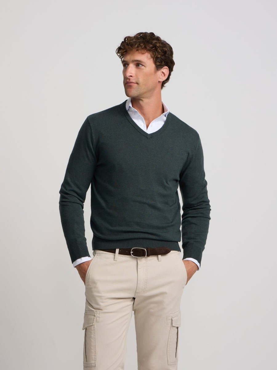 Jersey Silbon Verde de Cuello Pico en Algodón y Cashmere