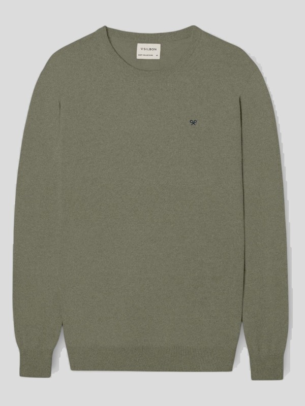 Jersey Silbon cuello redondo verde gris en algodón BCI y cashmere
