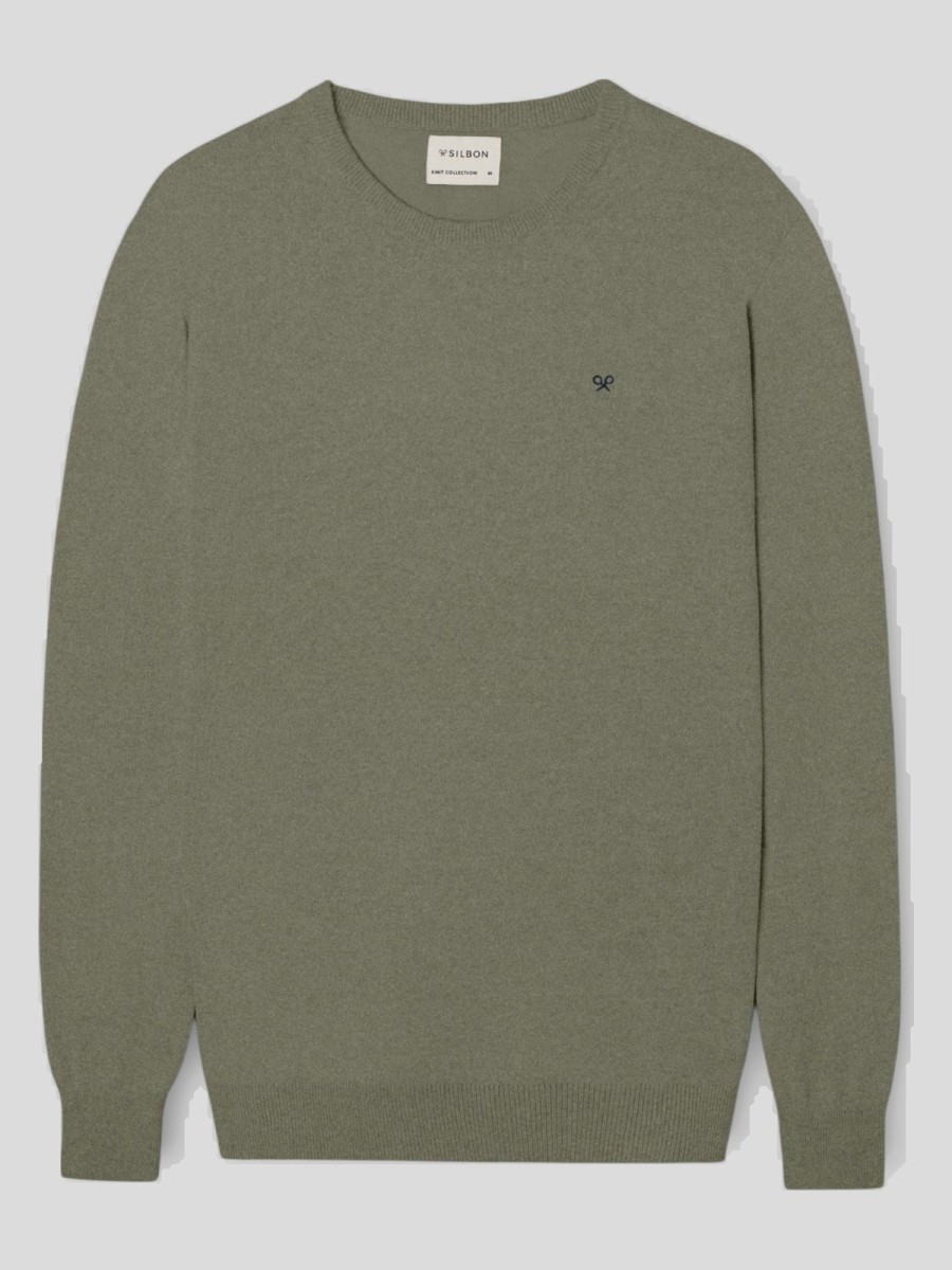 Jersey Silbon cuello redondo verde gris en algodón BCI y cashmere