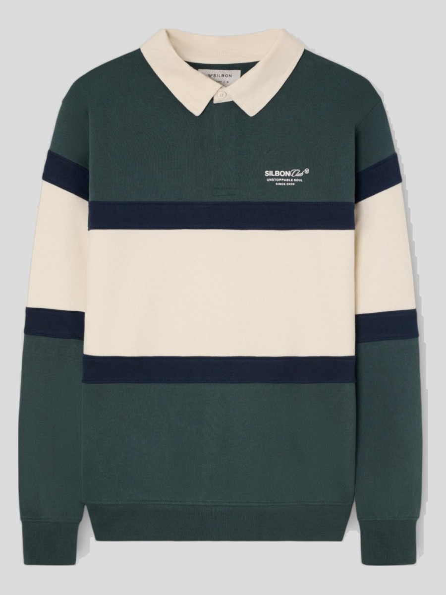 Sudadera Silbon de algodón con cuello polo verde oscuro